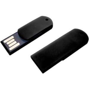 A black paper clip flash drive with a removable cover, showcasing its USB connector and a branding logo.
