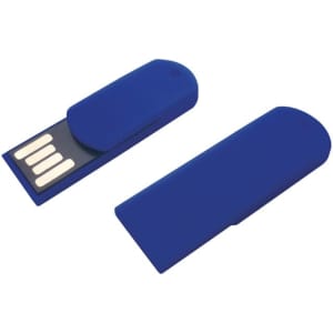 A blue paper clip flash drive with a removable cap, featuring a USB connector and a branding logo.