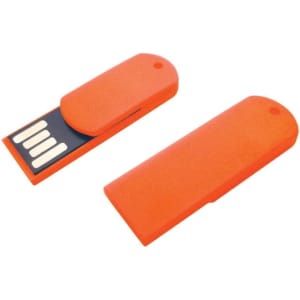An orange flash drive designed like a paper clip, featuring a removable cap and a logo on the surface.