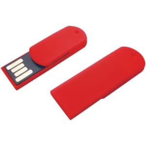 A red paper clip-shaped flash drive with a removable cap and USB connectors. It features a branding logo.