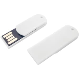 A white paper clip-shaped flash drive with a sliding cap and a branding logo.