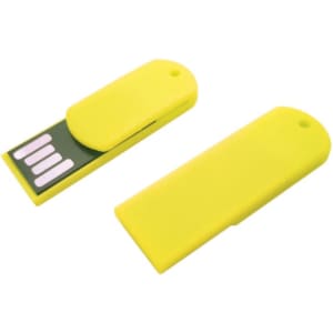 A bright yellow paper clip flash drive with a sliding cover and a USB connector. It features a logo.