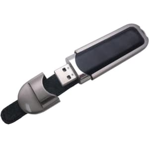 A metal and leather flash drive with a sleek design, featuring a removable cap and a logo.