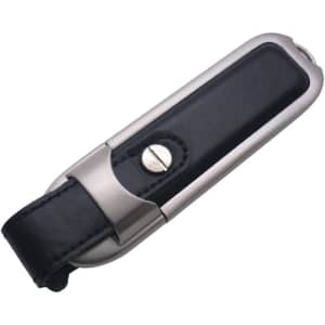 A sleek metal and black leather flash drive featuring a button and rounded edges, with a minimalistic design.