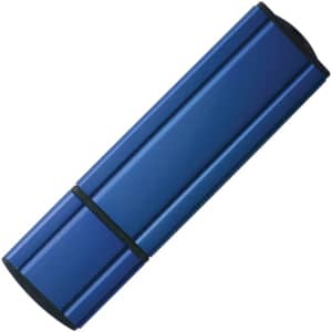 A blue flash drive with a sleek, rectangular design and a black band running around the centre. It features a logo.