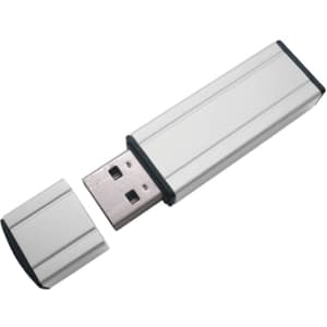 A silver USB flash drive with a removable cap, featuring a sleek design and black accents.