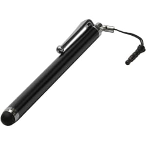 A sleek black stylus pen with a silver accent and a cord attachment. It has a rounded tip for precise writing.