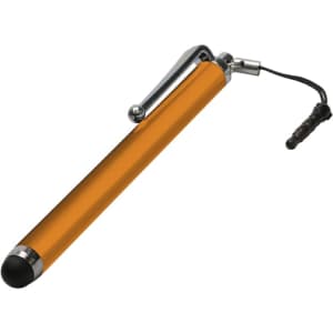 An orange stylus pen with a chrome clip and a rubber tip, featuring a black cord attachment.