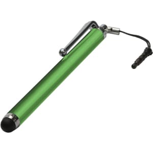 A green stylus pen with a metallic clip and a rubber tip, featuring a small attachment for convenience.