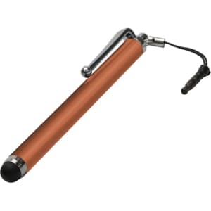An orange stylus pen with a chrome clip and a black tip, featuring a branding logo on the body.