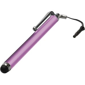 A stylus pen in vibrant pink with a chrome clip and a protective tether.