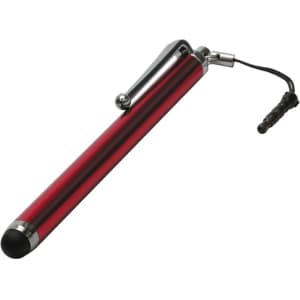 A red stylus pen with a silver clip and a black rubber tip, featuring a small attachment cord.
