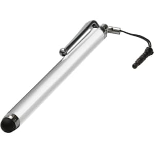 A silver stylus pen with a black tip and a clip, featuring a cord attachment at the end.