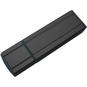 A black flash drive with a sleek, rectangular design and a rounded end. It features a branding logo.
