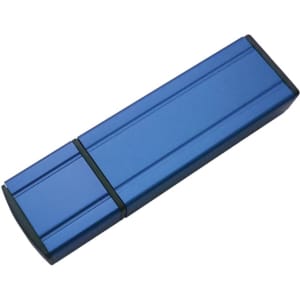 A blue flash drive with a sleek design and a black end cap. The device features a logo on its surface.