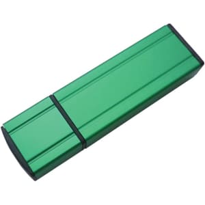 A green aluminium flash drive with a sleek, rectangular design and a black end cap, featuring a logo.