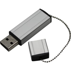 A silver flash drive with a metallic design and a protective cap attached by a chain.
