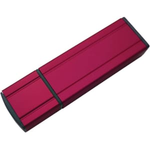 A red flash drive with an aluminium casing and a black end cap. It features a logo on its surface.