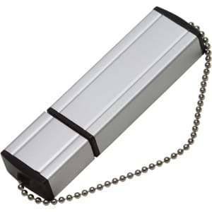 A silver flash drive with a black end, attached to a metal chain. It has a sleek, rectangular design.