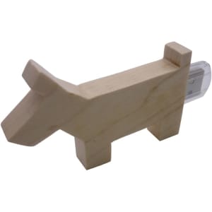 A wooden flash drive shaped like a dog, featuring a clear USB connector. The product has a natural wood finish.