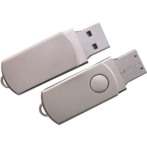 A silver flash drive with a swivel design and a button, featuring a logo on one side.