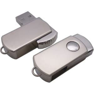 A silver swivel flash drive with a metal finish featuring a logo and a rotating cover.