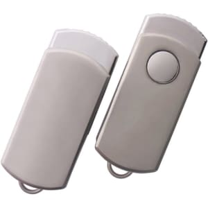 A silver swivel flash drive with a glossy finish, featuring a button and a loop for attachment.