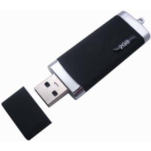 A black and silver flash drive with a removable cap, featuring a logo on its side.