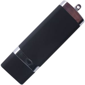 A black flash drive with a metallic silver accent and a small loop for attachment. It features a logo on the side.