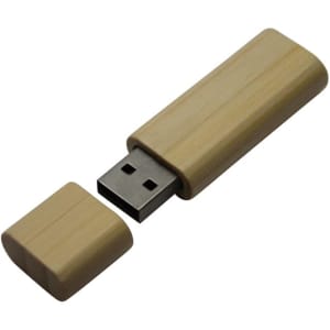 A wooden flash drive in a light bamboo colour, featuring a removable cap and a metallic USB connector.