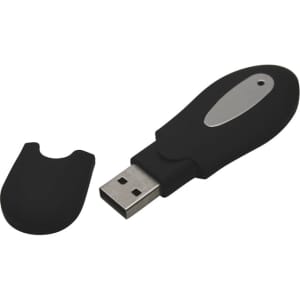 A black flash drive with a silver accent and a removable cap. It features a simple, ergonomic design.