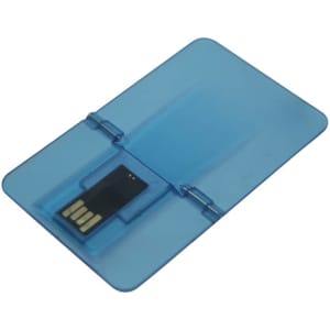 A blue credit card-style flash drive with a sliding compartment to reveal the USB connector.