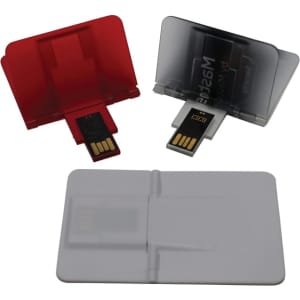 A set of three credit card-sized flash drives in red, grey, and white, featuring a transparent case and a USB connector.