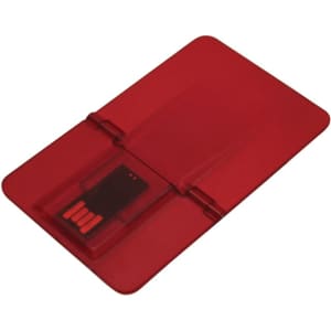 A red, credit card-sized flash drive with a sliding mechanism and a small USB connector. It includes a logo.