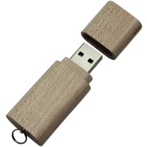 A wooden flash drive in a light shade, with a removable cap and a keyring attachment.