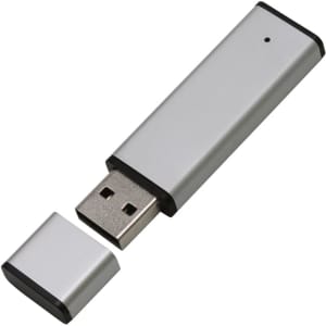 A silver flash drive with a removable cap and a sleek design. It features a subtle logo on the surface.