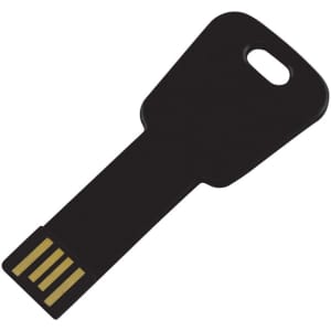 A black USB key flash drive with a key-like shape and a connector at one end. It features a logo on its surface.