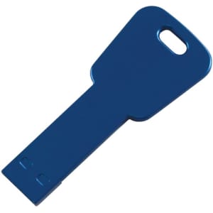 A blue USB flash drive shaped like a key, featuring a loop for attachment. It has a smooth metallic finish.