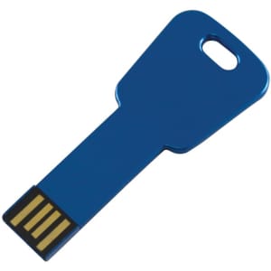 A blue USB flash drive designed in the shape of a key, featuring a metallic finish and a branding logo.