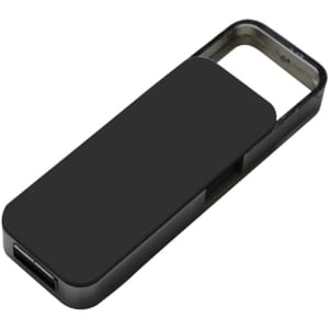 A black flash drive with a sleek design and a metallic frame, featuring a logo on the surface.