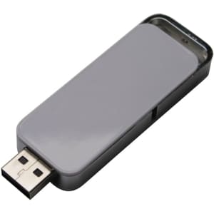 A silver flash drive with a sleek design and a metallic finish, featuring a logo on one side.