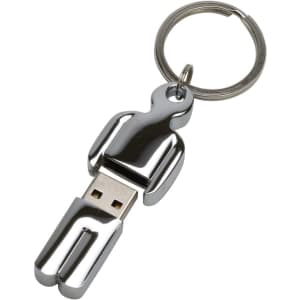 A chrome flash drive shaped like a human figure, attached to a keyring for easy carrying.