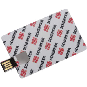 A white credit card-sized micro flash drive with a USB connector, featuring a repeating logo pattern in red and black.