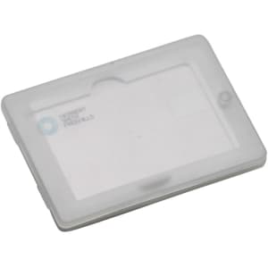 A transparent credit card-sized flash drive with a smooth surface and rounded edges, featuring a small circular logo.