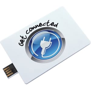 A white puzzle credit card flash drive featuring a blue circular logo and a USB connector.