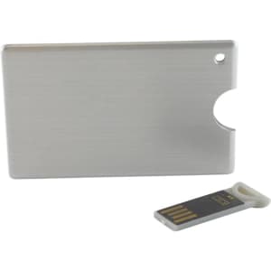 A silver credit card-sized flash drive with a separate USB connector attached, featuring a branding logo.