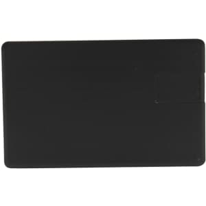 A black credit card-shaped flash drive with a rectangular design and a small slot for connectivity.