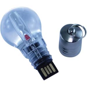 A transparent light bulb-shaped flash drive in clear and silver, with a removable metal cap.