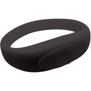 A black silicone wristband with a smooth finish and a raised area, featuring a logo.