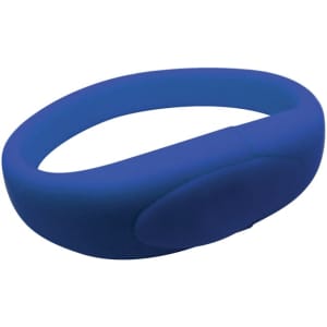 A blue silicone wristband featuring a smooth surface and a branding area for customisation.